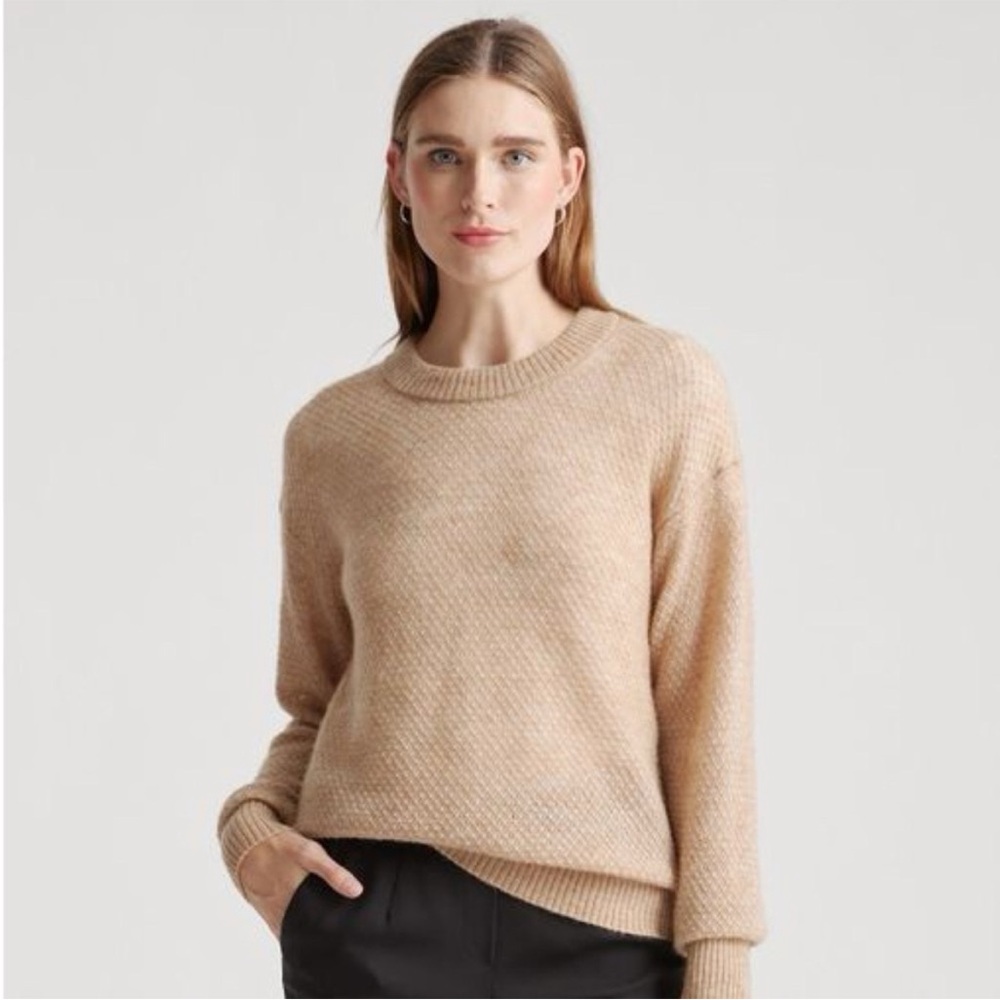 Quince Baby Alpaca Wool Diamond Stitch Crewneck Sweater Camel Small